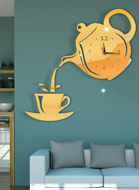 3D Acrylic Teapot Design DIY Removable Sticker Giant Wall Clock Gold 40x60x50cm