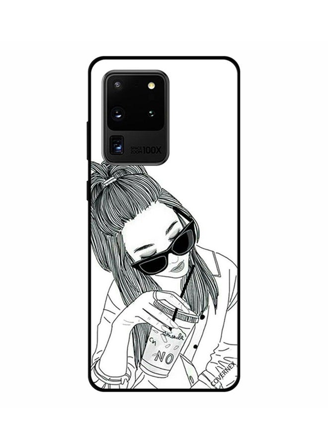 كوفرنيكس غطاء حماية واق لهاتف سامسونج جالكسي S20 ألترا بطبعة خربشات باللونين الأبيض والأسود على شكل فتاة تشرب - Image 1