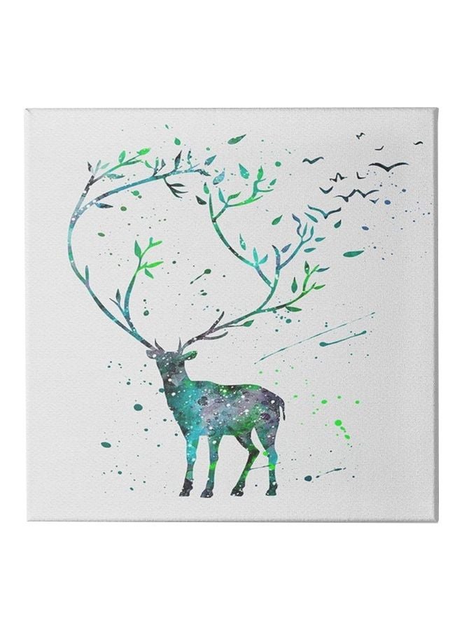 Deer Wall Painting With Frame White/Green/Blue 30x30cm