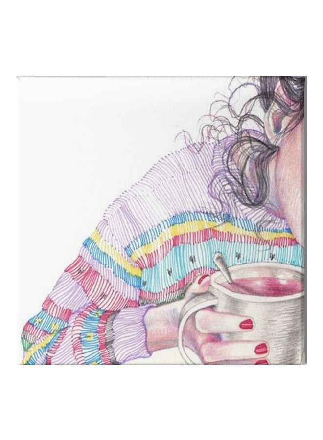 Girl Drink Tea Wall Art Painting With Frame Purple/Red/White 30x30cm