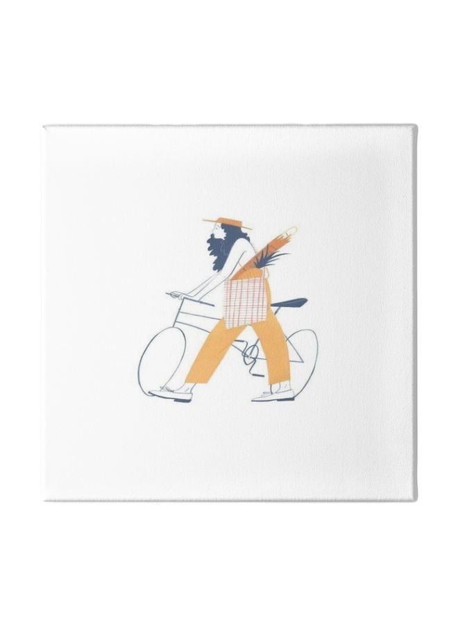 A Girl With Her Bike Framed Wall Painting White/Yellow/Blue 30x30cm