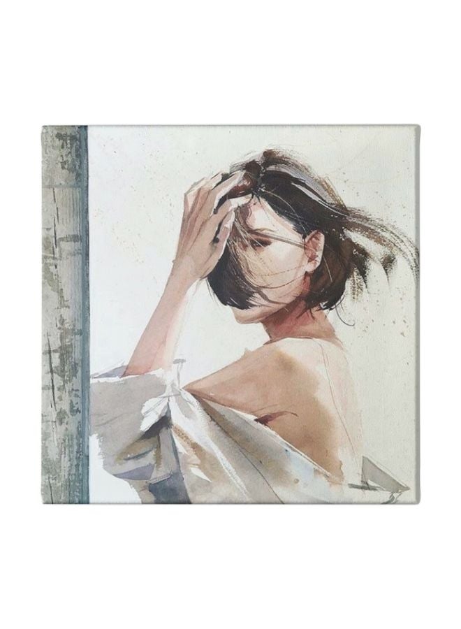 Girl Canvas Framed Wall Painting White/Black/Beige 30x30cm