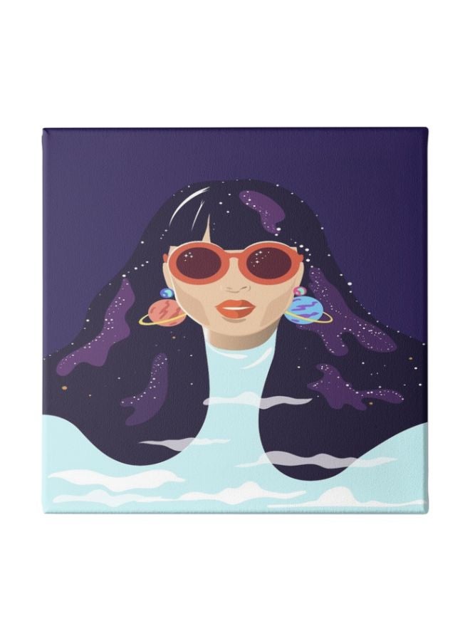 Girl With Planetary Earrings Framed Wall Painting Purple/White/Blue 30x30cm 