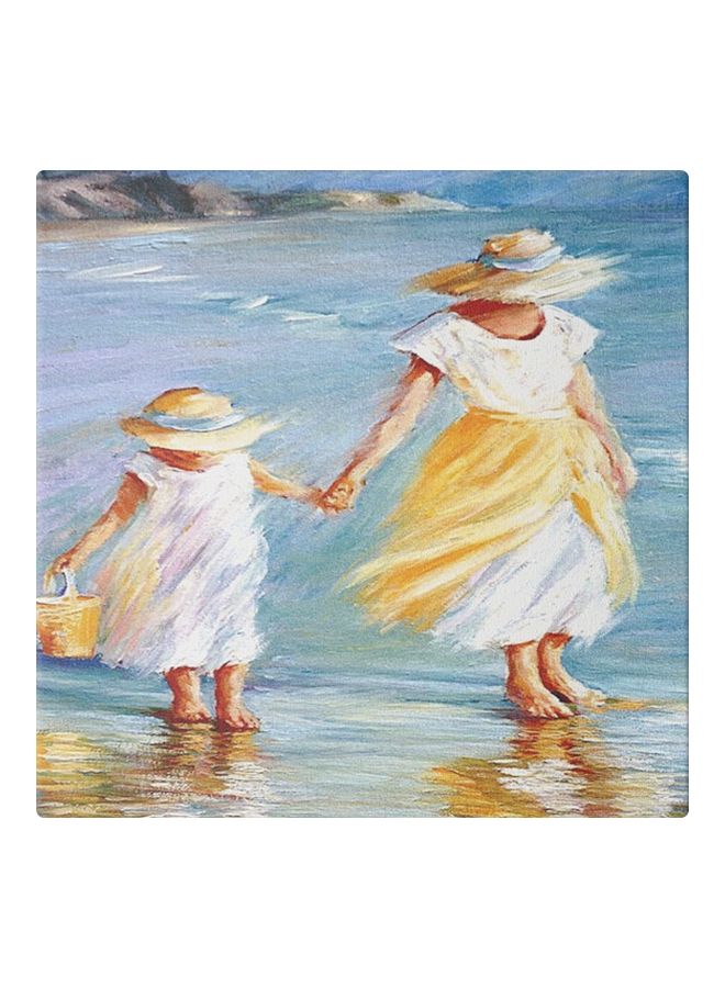 Girl With Her Daughter Framed Wall Painting Blue/White/Yellow 30x30cm