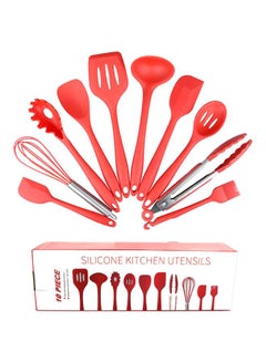10-Piece Silicone Kitchen Utensil Set Red Tong (10.6x1.6), Slotted Spoon (10.8x2.4), Slotted Turner (11.4x2.8), Pasta Fork (11.2x2.2), (Whisk 9.8x2.4), Large Spatula (11.3x2.2), Small Spatula (9.8x2.4) , Spoonula (10.6x2.4) , Soup Ladle (11x3.5), Basting Brush (8x1.3)inch