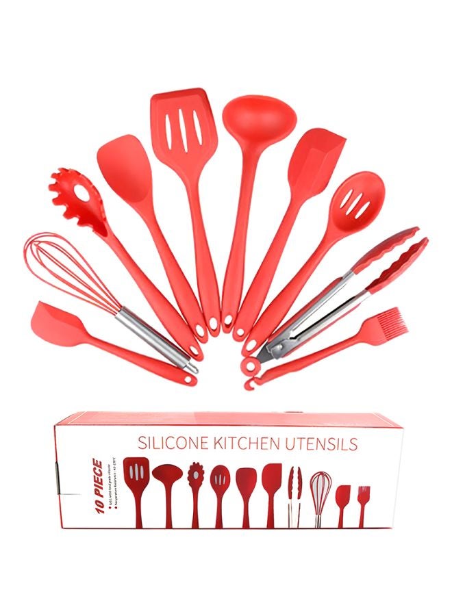 Generic - 10-Piece Silicone Kitchen Utensil Set Red Tong (10.6x1.6), Slotted Spoon (10.8x2.4), Slotted Turner (11.4x2.8), Pasta Fork (11.2x2.2), (Whisk 9.8x2.4), Large Spatula (11.3x2.2), Small Spatula (9.8x2.4) , Spoonula (10.6x2.4) , Soup Ladle (11x3.5), Basting Brush (8x1.3)inch - Image 1