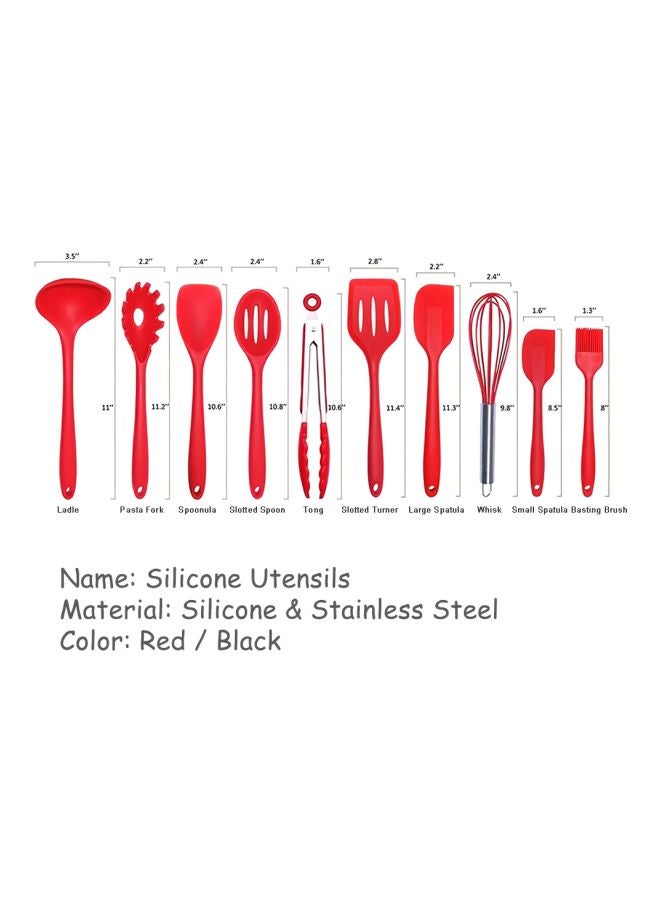 Generic - 10-Piece Silicone Kitchen Utensil Set Red Tong (10.6x1.6), Slotted Spoon (10.8x2.4), Slotted Turner (11.4x2.8), Pasta Fork (11.2x2.2), (Whisk 9.8x2.4), Large Spatula (11.3x2.2), Small Spatula (9.8x2.4) , Spoonula (10.6x2.4) , Soup Ladle (11x3.5), Basting Brush (8x1.3)inch - Image 1