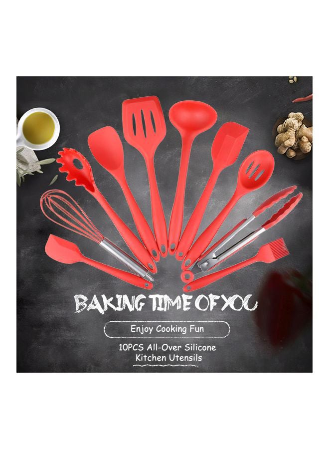 Generic - 10-Piece Silicone Kitchen Utensil Set Red Tong (10.6x1.6), Slotted Spoon (10.8x2.4), Slotted Turner (11.4x2.8), Pasta Fork (11.2x2.2), (Whisk 9.8x2.4), Large Spatula (11.3x2.2), Small Spatula (9.8x2.4) , Spoonula (10.6x2.4) , Soup Ladle (11x3.5), Basting Brush (8x1.3)inch - Image 1