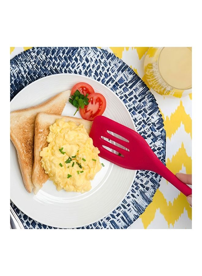 Generic - 10-Piece Silicone Kitchen Utensil Set Red Tong (10.6x1.6), Slotted Spoon (10.8x2.4), Slotted Turner (11.4x2.8), Pasta Fork (11.2x2.2), (Whisk 9.8x2.4), Large Spatula (11.3x2.2), Small Spatula (9.8x2.4) , Spoonula (10.6x2.4) , Soup Ladle (11x3.5), Basting Brush (8x1.3)inch - Image 1