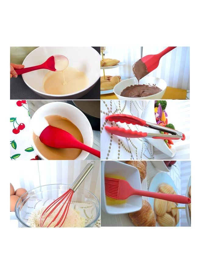 Generic - 10-Piece Silicone Kitchen Utensil Set Red Tong (10.6x1.6), Slotted Spoon (10.8x2.4), Slotted Turner (11.4x2.8), Pasta Fork (11.2x2.2), (Whisk 9.8x2.4), Large Spatula (11.3x2.2), Small Spatula (9.8x2.4) , Spoonula (10.6x2.4) , Soup Ladle (11x3.5), Basting Brush (8x1.3)inch - Image 1