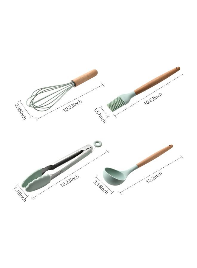 طقم أدوات طبخ من السيليكون مكون من 11 قطعة أخضر Wisk: 2.36x10.23, Brush: 1.57x10.62, Tong: 1.18x10.23, Spoon: 3.14x12.2, 2.75x12.59, Skimmer: 2.75x12.2, 3.14x12.59, 2.36, Spatula: 3.14x12.59, 2.36x12.2, Holder: 4.72x6.29بوصة  - Image 2