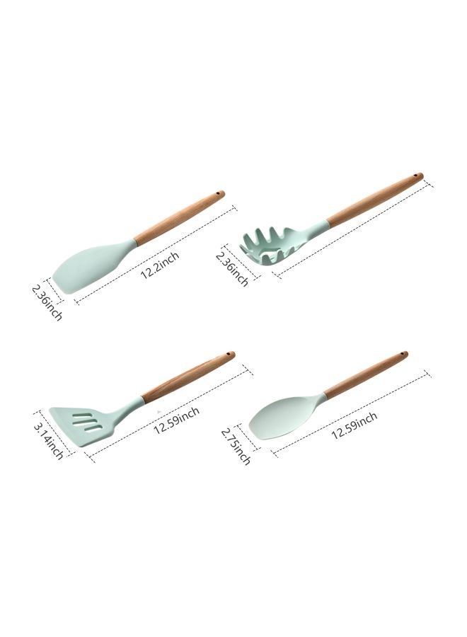 طقم أدوات طبخ من السيليكون مكون من 11 قطعة أخضر Wisk: 2.36x10.23, Brush: 1.57x10.62, Tong: 1.18x10.23, Spoon: 3.14x12.2, 2.75x12.59, Skimmer: 2.75x12.2, 3.14x12.59, 2.36, Spatula: 3.14x12.59, 2.36x12.2, Holder: 4.72x6.29بوصة  - Image 5