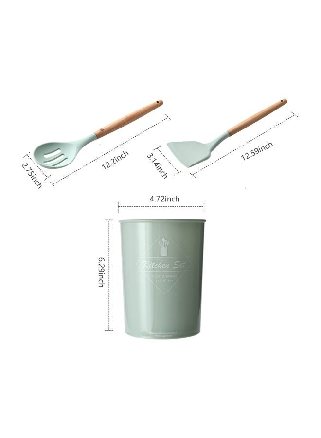 طقم أدوات طبخ من السيليكون مكون من 11 قطعة أخضر Wisk: 2.36x10.23, Brush: 1.57x10.62, Tong: 1.18x10.23, Spoon: 3.14x12.2, 2.75x12.59, Skimmer: 2.75x12.2, 3.14x12.59, 2.36, Spatula: 3.14x12.59, 2.36x12.2, Holder: 4.72x6.29بوصة  - Image 4