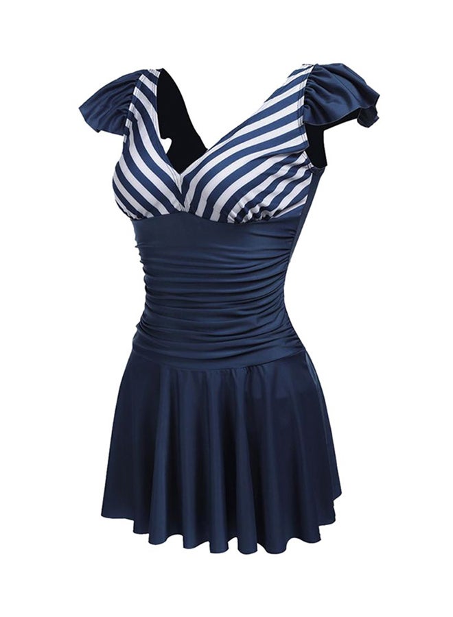 Cap Sleeve Ruched Waist Striped Patchwork Swimwear Navy  - Image 1