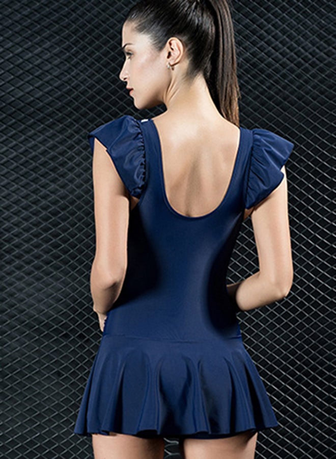 Cap Sleeve Ruched Waist Striped Patchwork Swimwear Navy  - Image 2