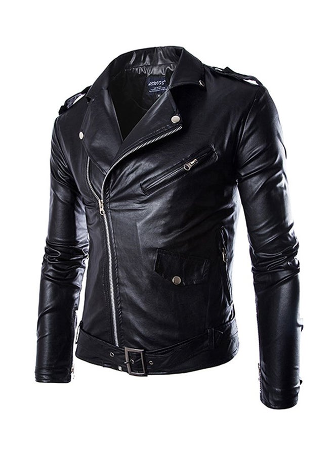 Drupum - Locomotive PU Lapel Leather Jacket Black - Image 1