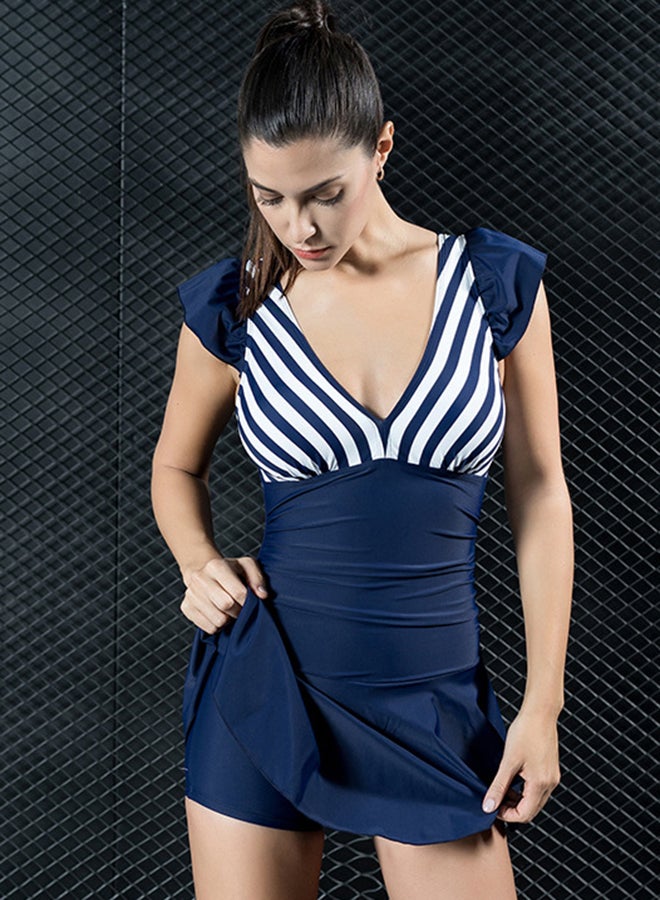 Cap Sleeve Ruched Waist Striped Patchwork Swimwear Navy  - Image 3