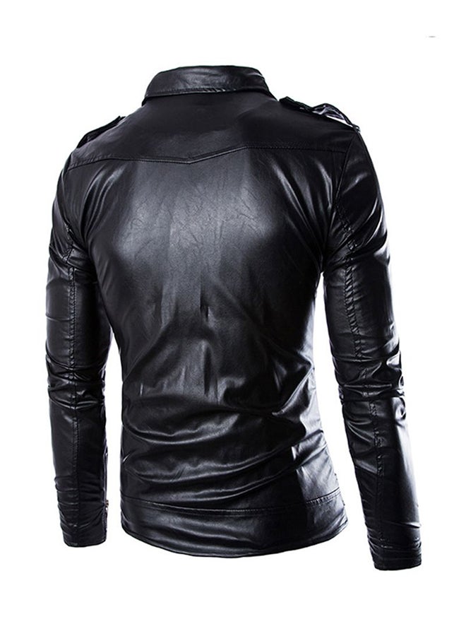 Drupum - Locomotive PU Lapel Leather Jacket Black - Image 1