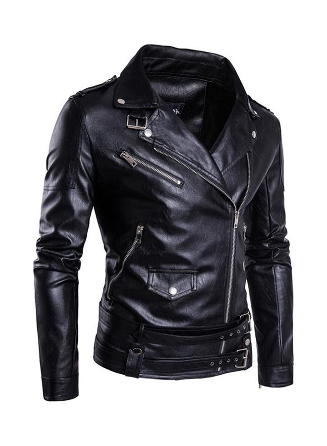 Drupum - Locomotive PU Lapel Leather Jacket Black - Image 1