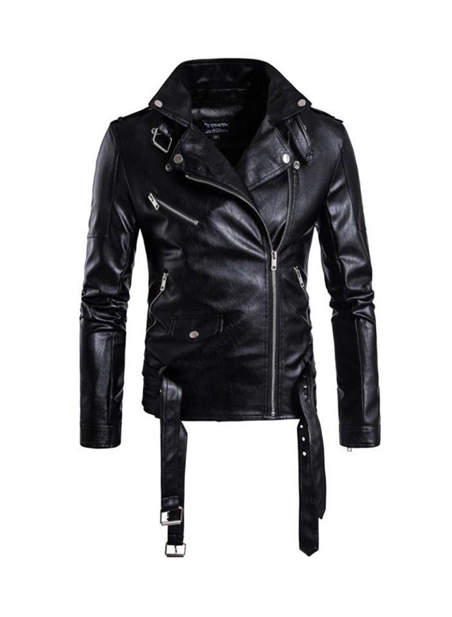 Drupum - Locomotive PU Lapel Leather Jacket Black - Image 1