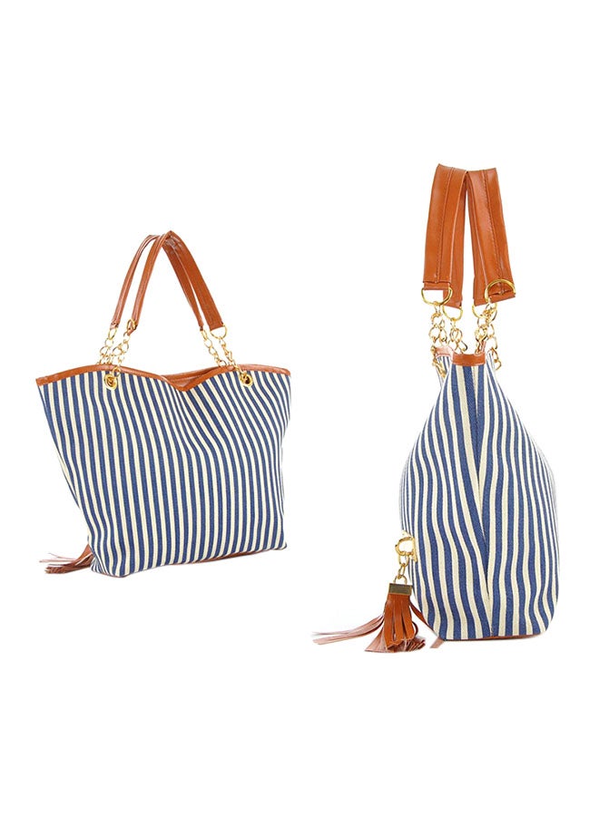 OUTAD Stripe Print Zipper Tote Bag Black/White - Image 2