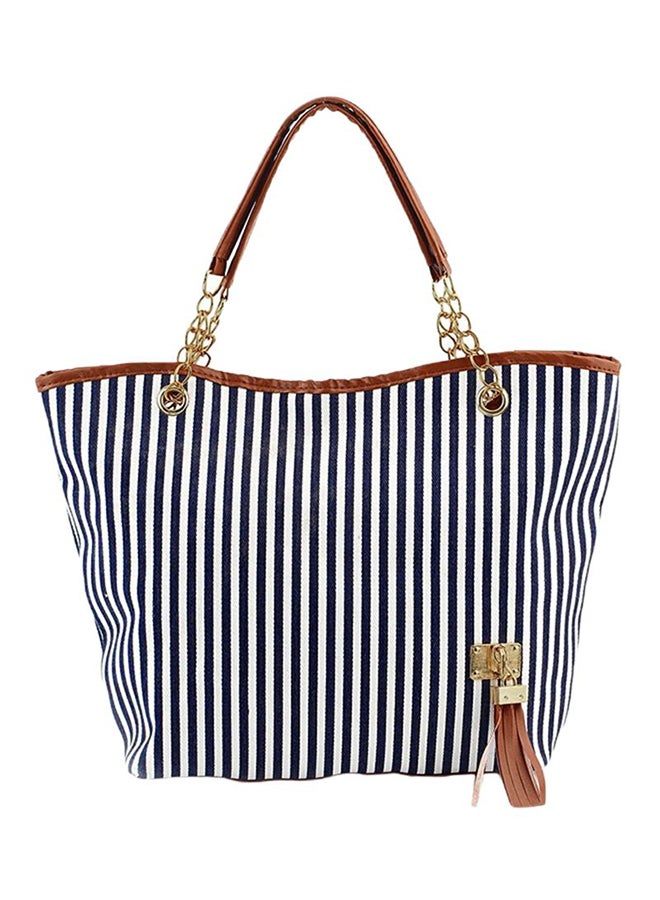OUTAD Stripe Print Zipper Tote Bag Black/White - Image 1