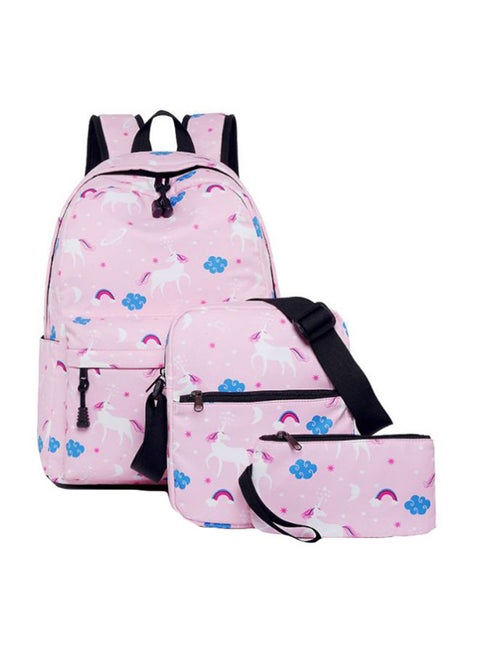 طقم حقيبة ظهر مدرسية بطبعة وحيد القرن مكون من 3 قطع وردي/أبيض/أزرق