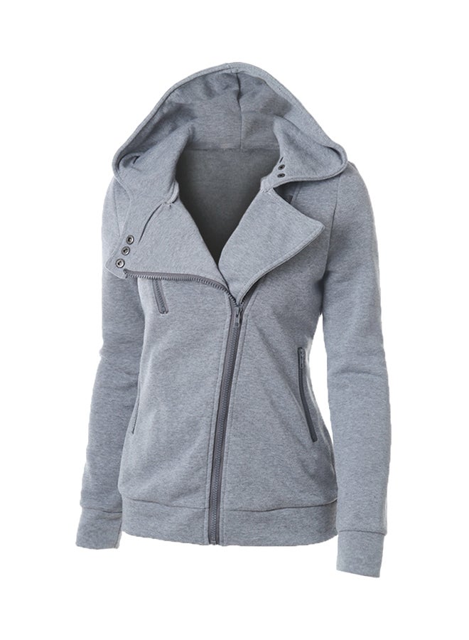 Long-sleeved Diagonal Zipper Coat Grey - Image 3