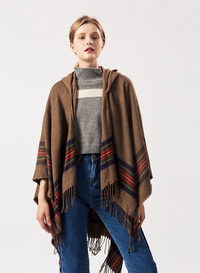 Bluelans - Stripes Design Hooded Cape Khaki - Image 1