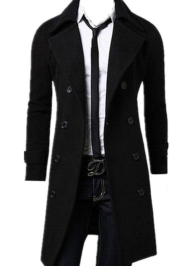 QiaoKai - Long Sleeve Trench Coat Black - Image 1