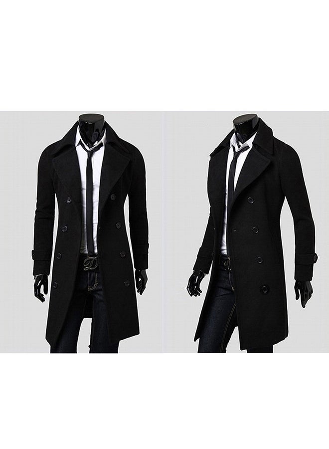 QiaoKai - Long Sleeve Trench Coat Black - Image 1