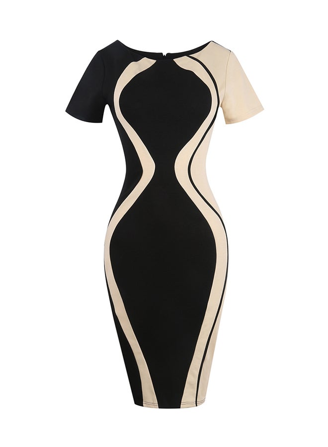Elegant Optical Bodycon Pencil Dress Black/Beige  - Image 1