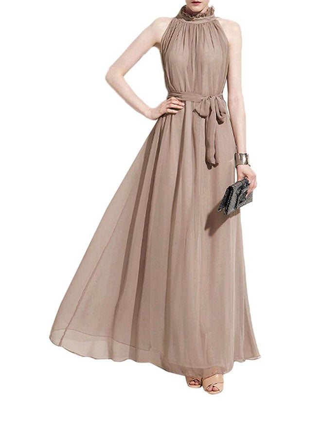 QiaoKai - Bohemian Halter Chiffon Maxi Dress Brown - Image 1