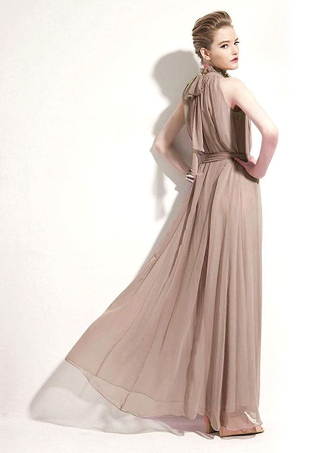 QiaoKai - Bohemian Halter Chiffon Maxi Dress Brown - Image 1