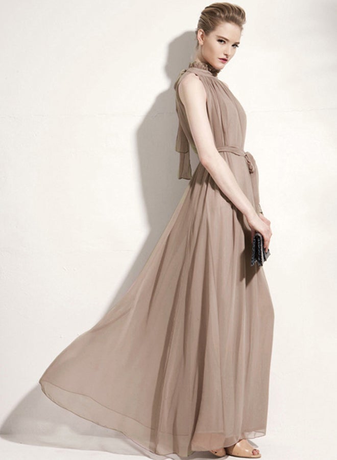 QiaoKai - Bohemian Halter Chiffon Maxi Dress Brown - Image 1