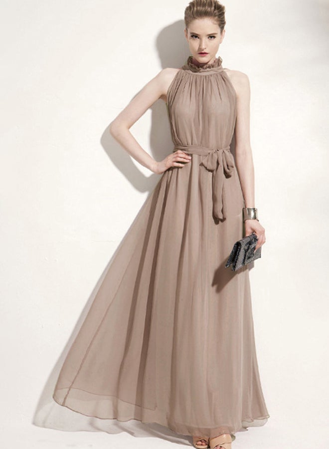 QiaoKai - Bohemian Halter Chiffon Maxi Dress Brown - Image 1