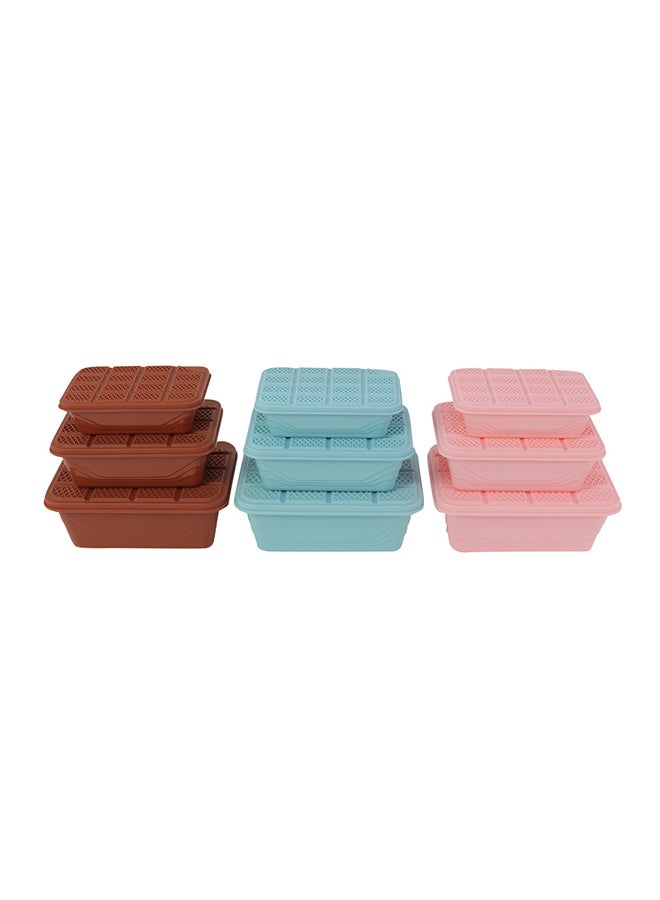 LAWAZIM 9-Piece Plastic Container Storage Box Set Brown/Blue/Pink Big Container 21x15x7 cm, Medium Container 18x12.5x6 cm, Small Container 15.5x10.5x5cm  - Image 1