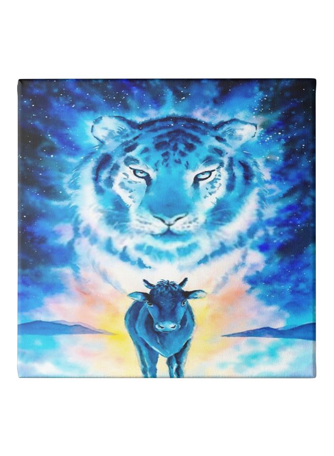 Decorative Tiger Wall Painting With Frame Blue/White/Yellow 30x30cm