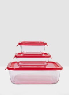 Boro 3-Piece Rectangular Food Storage Container Set With Lid Red/Clear 320ml