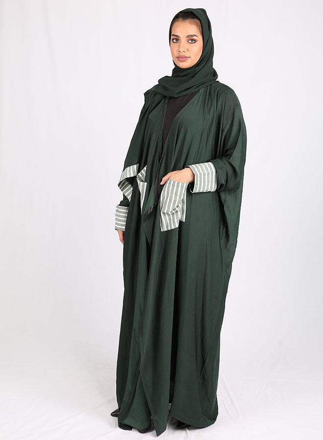 Striped Pockets Abaya Green - Image 3