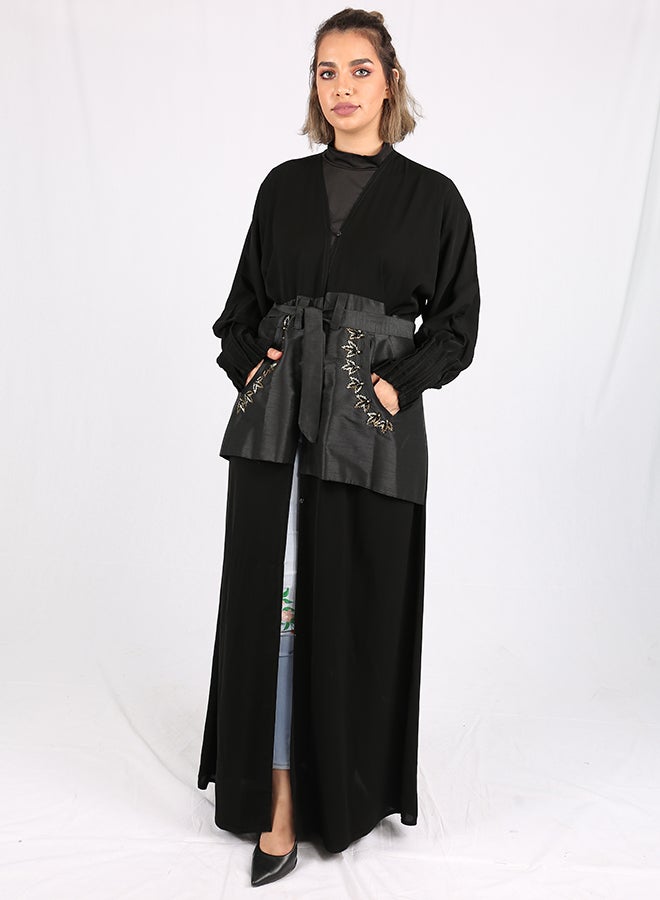 Tucked Sleeve Waist Tie-Belt Abaya Black/Grey  - Image 1