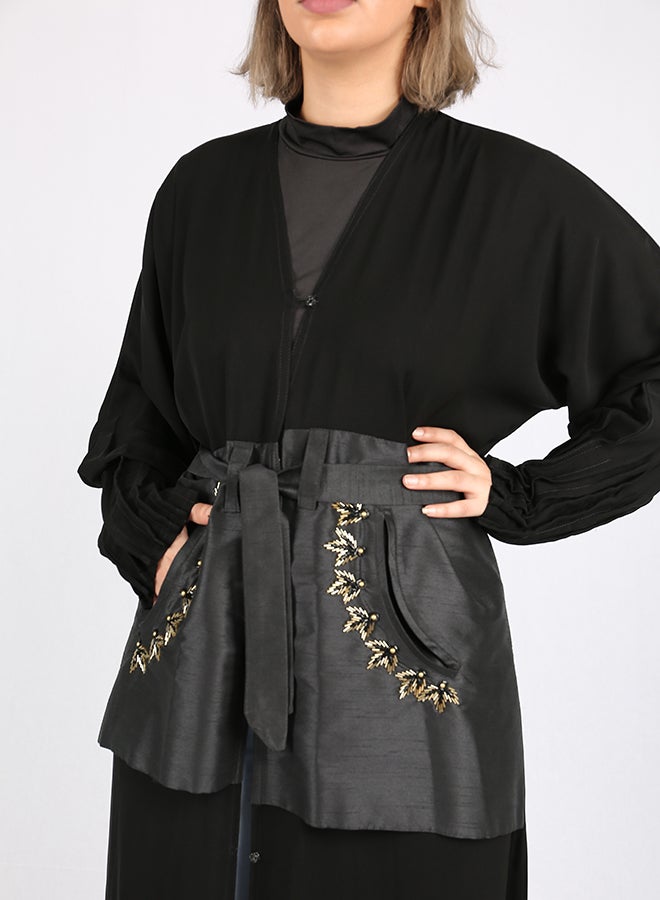 Tucked Sleeve Waist Tie-Belt Abaya Black/Grey  - Image 3