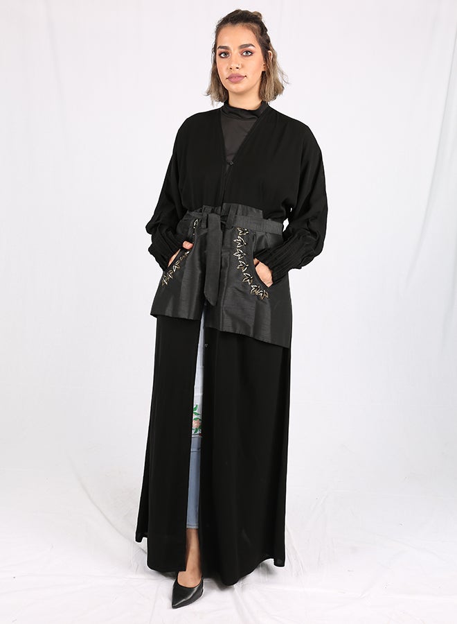 Tucked Sleeve Waist Tie-Belt Abaya Black/Grey  - Image 1