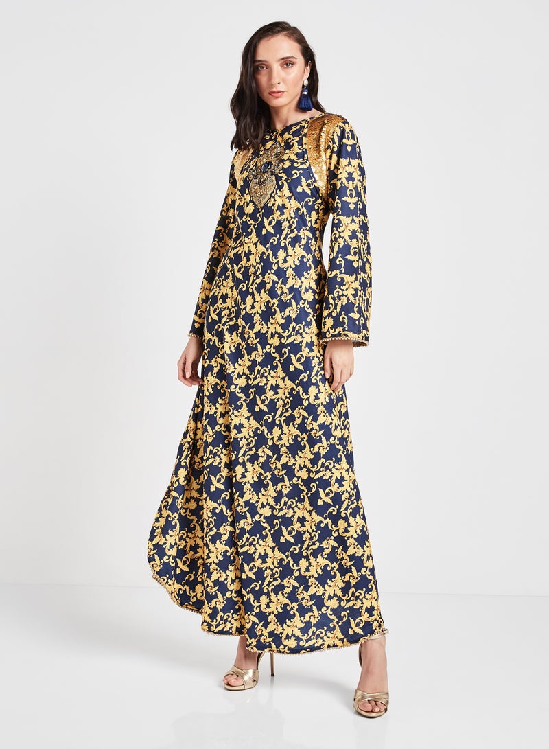 سارة أرابيا جلابية بطبعة دمشقية أصفر/أزرق البحرية - Image 1