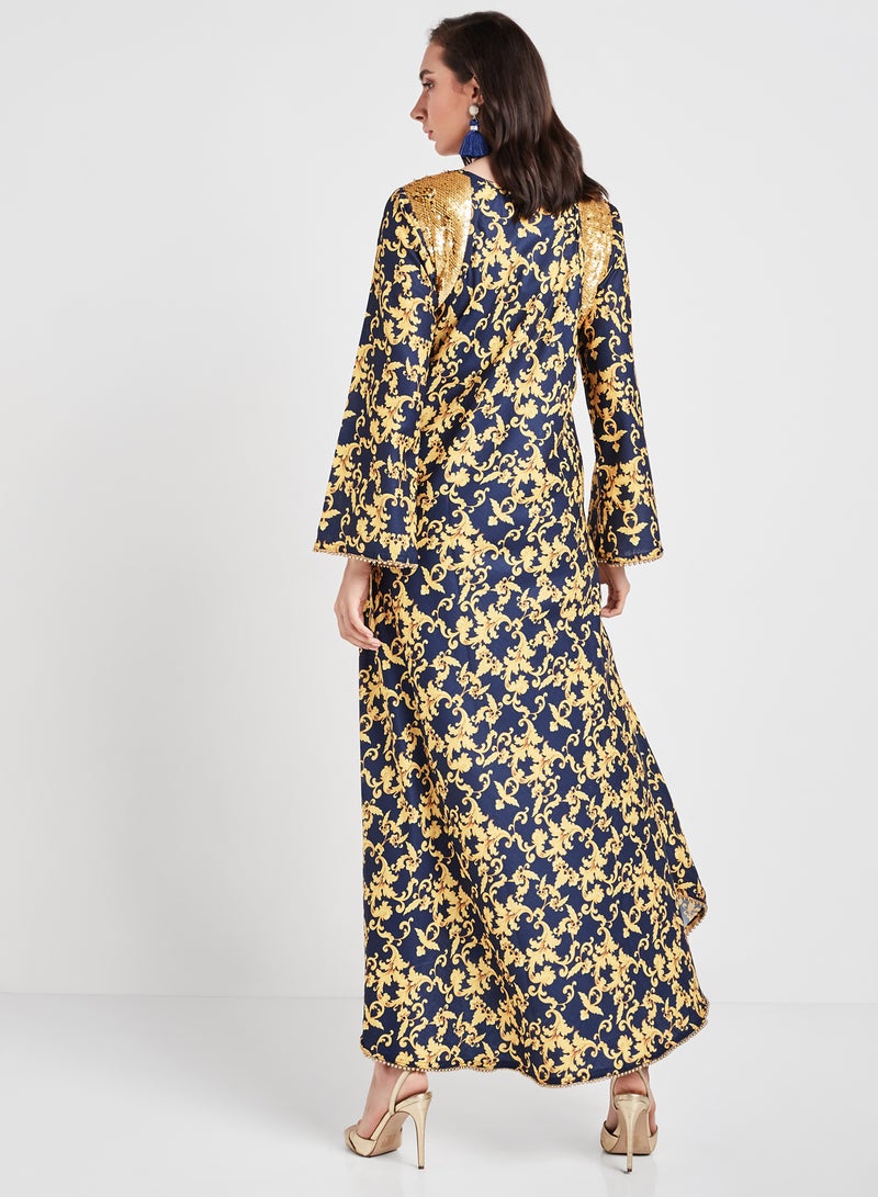 سارة أرابيا جلابية بطبعة دمشقية أصفر/أزرق البحرية - Image 2