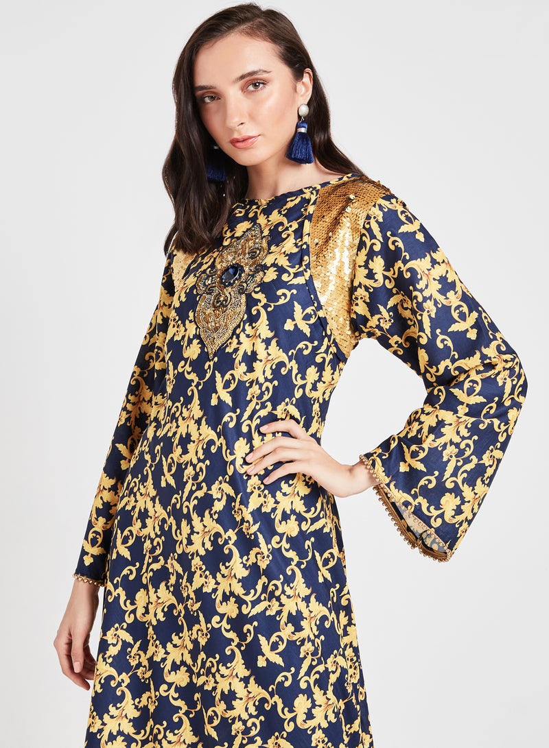 سارة أرابيا جلابية بطبعة دمشقية أصفر/أزرق البحرية - Image 3