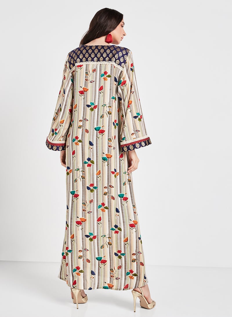 Sara Arabia - Floral Striped Jalabiya Beige - Image 1