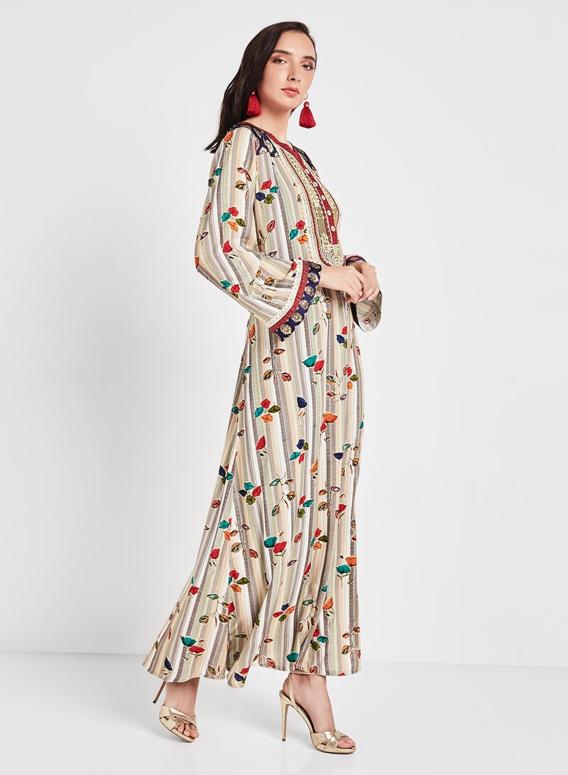 Sara Arabia - Floral Striped Jalabiya Beige - Image 1