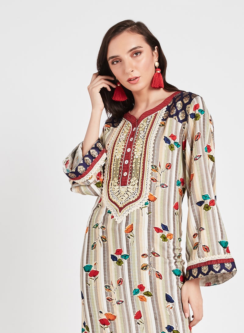 Sara Arabia - Floral Striped Jalabiya Beige - Image 1