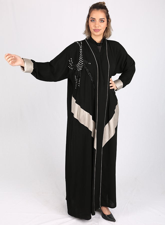 Embellished Piping Detail Abaya Black/Silver  - Image 1